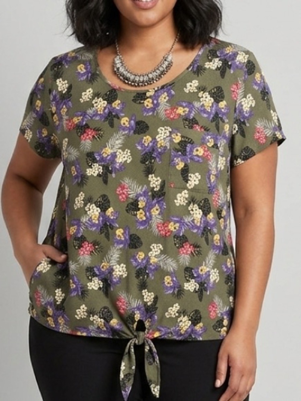 🥰 CLEARANCE - MICHEL STUDIO Olive Green Floral Print Short Sleeve Blouse SZ 18